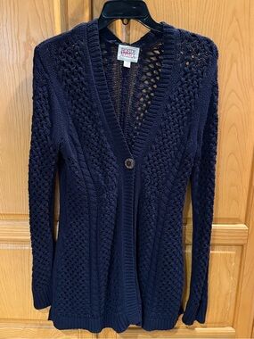 Rosie Neira Anthropologie Chunky Navy Blue Long Cardigan Sweater Size Medium